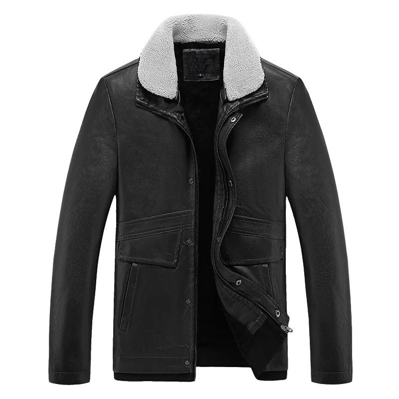 FGKKS 2021 Winter Leather Coat Men High-quality Pu Leather Warm Fur Collar Leather Coat Men Casual Fashion Solid Color Coat leather biker jacket mens Casual Faux Leather
