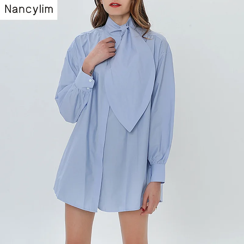 

Spring Autumn Blue Shirt Woman New Loose Leaf Collar Long Sleeve Pure White Blouse Top for Woman Long Shirts Lad Blusasy