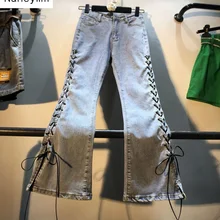 Европейский стиль винтажные джинсовые брюки женские летние новые боковые полосы c высокой талией, эластичные тонкие джинсы женские