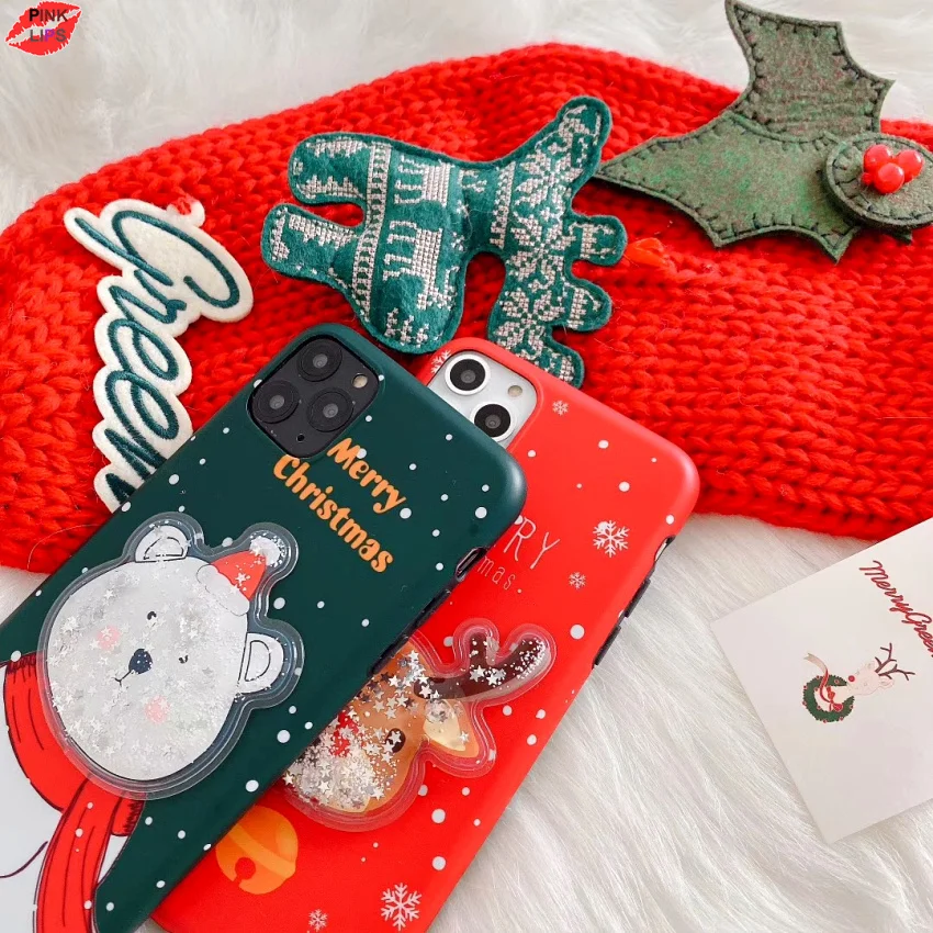 Glitter Christmas Deer Bear Phone Case For iPhone XR 11 Pro XS Max X 8 7 6 6s Plus Dynamic Liquid Quicksand Bling Sequins Cover (16)