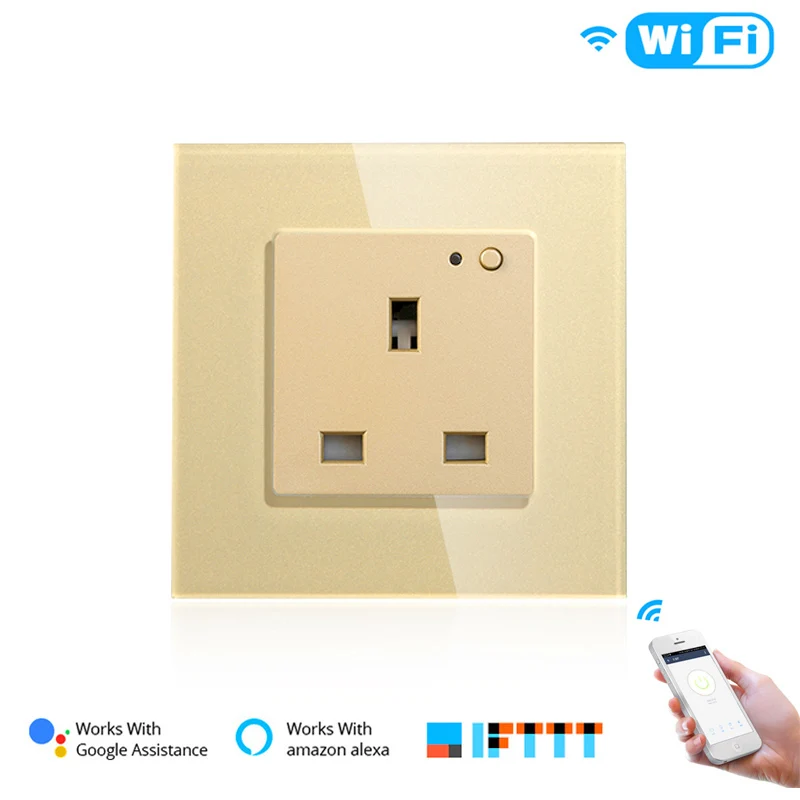 Великобритания WiFi умная настенная розетка 13A стеклянная панель выхода, умная жизнь/Tuya приложение дистанционного управления, работает с Amazon Echo Alexa Google Home - Цвет: Gold