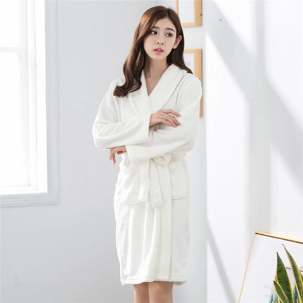 

Elegant Solid White Casual Keep Warm Kimono Robe Women Sleepwear Casual Flannel Soft Bathrobe Gown Exquisite Belt Nightwear
