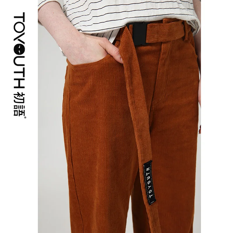 Toyouth вышивка печатных вельветовые широкие брюки осенние женские повседневные брюки с поясом