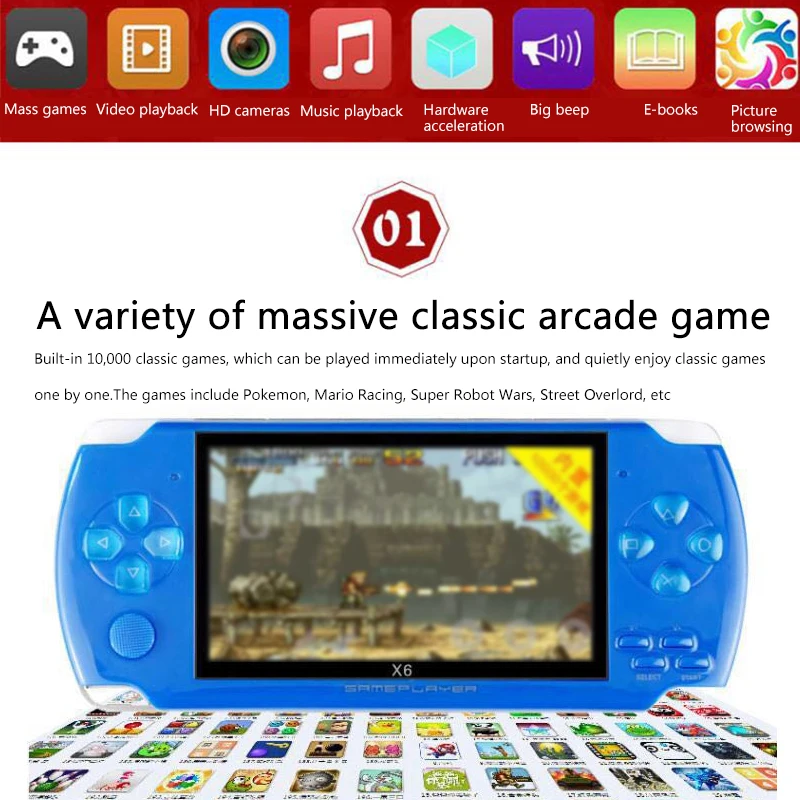 16 Bit 4.3 Inch Retro Handheld Game Console, 8GB Vintage Classic Games Machine, TF Card MP4/ 5 Player