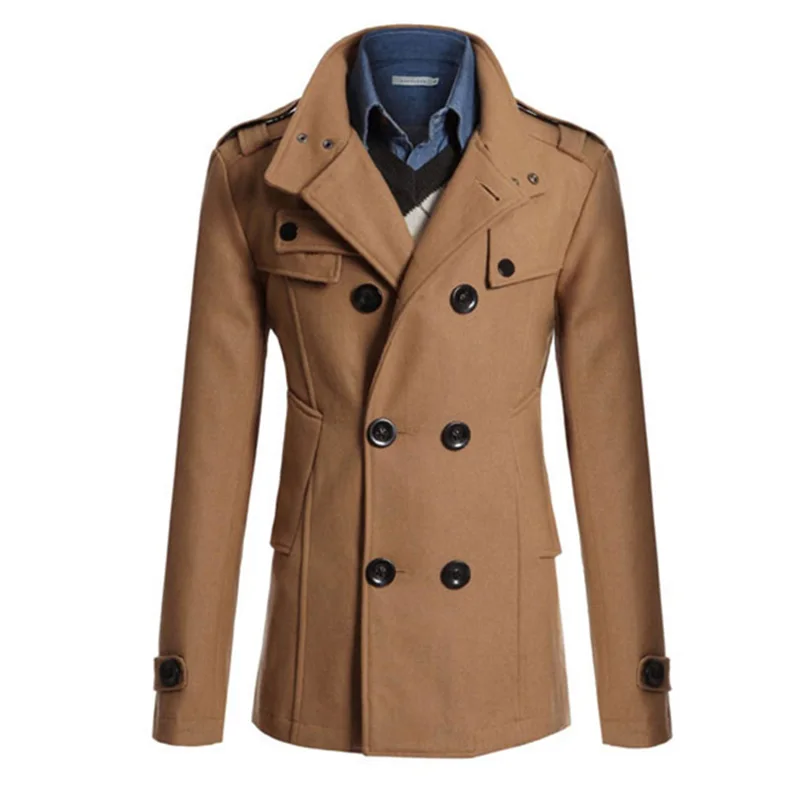 Мужские зимние куртки и пальто английский стиль однотонный двубортный длинный плащ винтажная верхняя одежда ветровка Новая зима осень - Цвет: Khaki