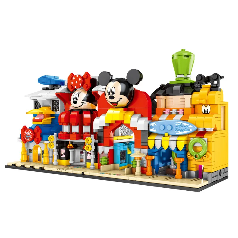 

4Pcs City Street Store Block Set Diy Mickey Minnie Donald Duck Shop Building Bricks Toy For Children