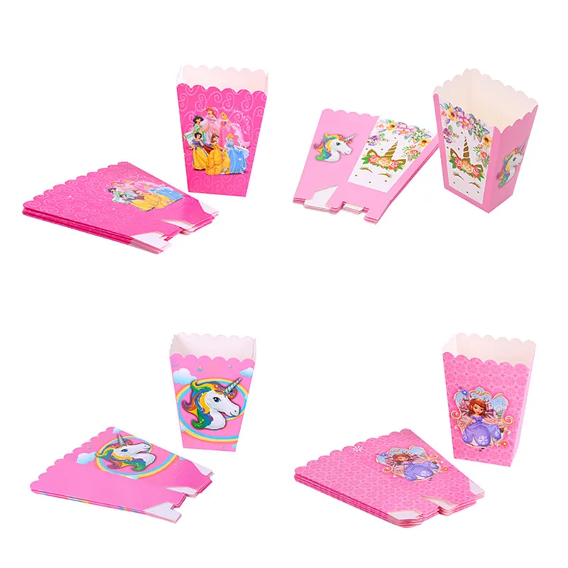 

6/12pcs Cartoon Animal Theme Kids Birthday Popcorn Box Princess Beauty and Beast Moana Girls Favor Gift Candy Pop corn Box Gift