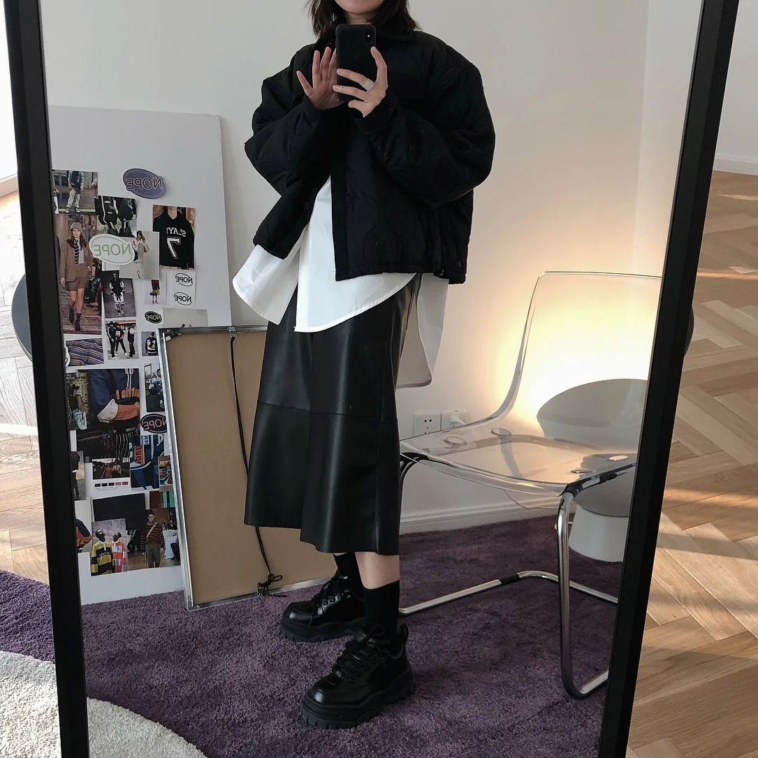 

2019 New Autumn and Winter Black Pants Leather Pants Wide-legged Pants Loose Casual Seven-point Black Pants Woman
