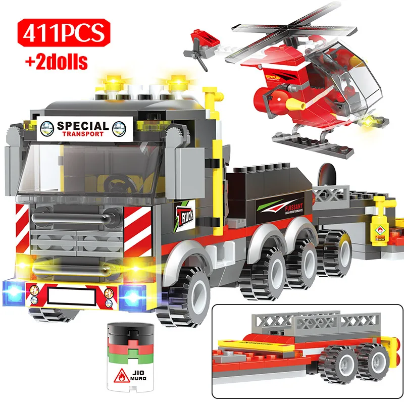 

411PCS SWAT Police Trucks Car Building Blocks Compatible City Heavy Trailer Helicopter Figures Bricks Toys For Children Kids