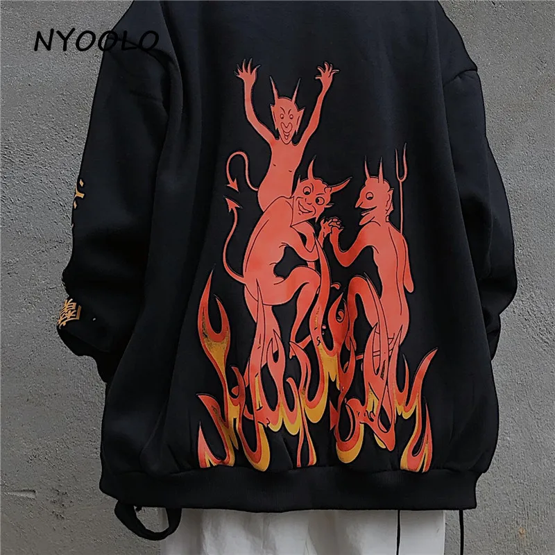 NYOOLO Harajuku street Ghost print плюс бархатные теплые толстовки осень зима свободные с капюшоном на молнии Толстовка женская мужская верхняя одежда