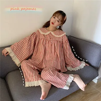 

Autumn 2020 new women's dress Korean Plaid stitching lace pajamas two piece leisure home wear for women