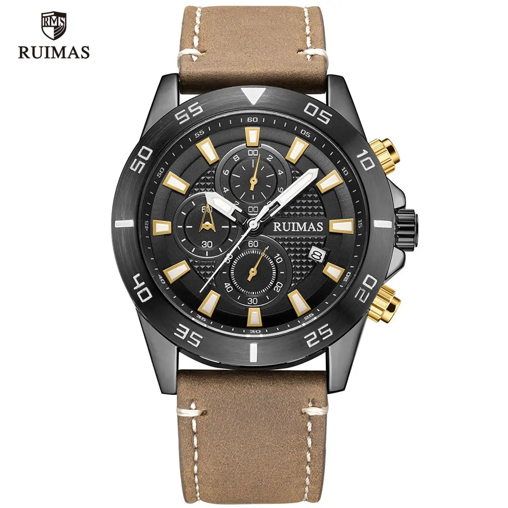 Мужские Военные Спортивные часы RUIMAS, Роскошные Кварцевые часы с кожаным ремешком, мужские часы от ведущего бренда с синим циферблатом, наручные часы с хронографом 572 - Цвет: RL572G-Black