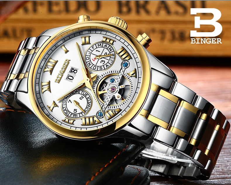 Бингер мужские часы автоматические механические часы со стальным ремешком деловые многофункциональные наручные часы 30 м Водонепроницаемые relogio masculino