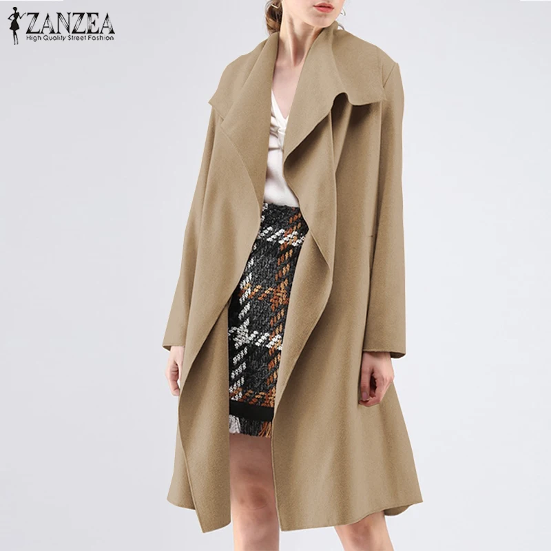 ZANZEA Elegant Women Coat Belted Long Jackets Casual Loose Female Coats Outerwear Fashion Winter Warm Overcoats Plus Size