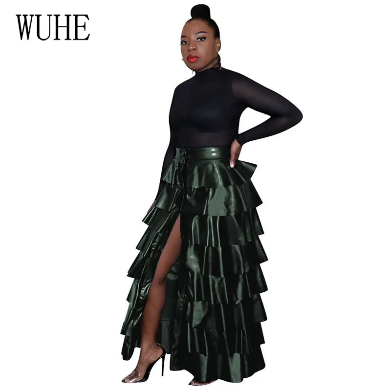 WUHE черная кожаная юбка для женщин плюс размер PU юбки Новая мода Элегантные накладные оборки Высокая талия леди стильная кожаная юбка