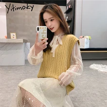 Кашемировый вязаный жилет пуловер Осень Зима без рукавов свитер женский pull femme уличная мягкий джемпер Желтый Белый Топы