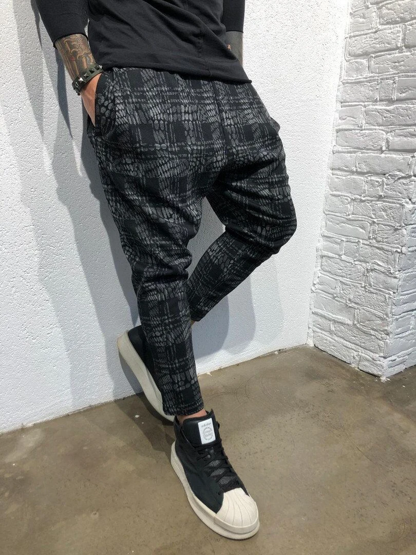 Мужские хип-хоп Дамские Брюки с кулиской эластичный пояс с принтом узорчатые зауженные брюки для мужчин - Цвет: grey