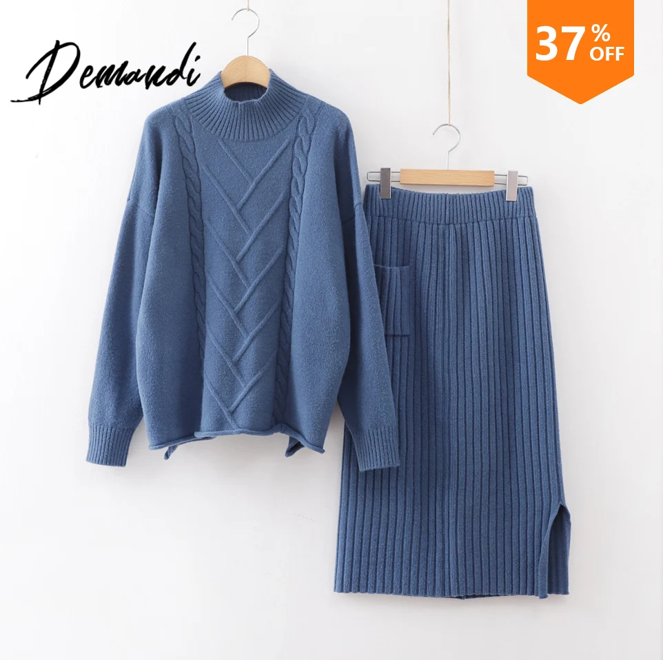 

DEMANDI Woman Sweater Slim Fall and Winter 2019 New Women's Round-collar Sweater with Hip-up Short Skirt Knitting Fashion Suit