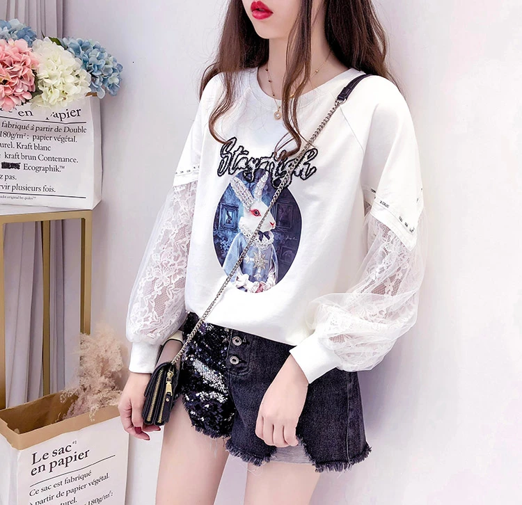 Cartoon print patchwork hoodies women sweatshirt loose hoodie autumn new arrival beading long sleeve o-neck tops