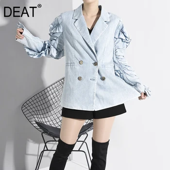 

DEAT 2020 new spring Woman fashion notched collar ruffles sleeves double breasted washed denim single blazer Female WK25305L
