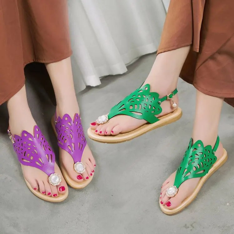 

2019 Summer New Style Man-made Diamond Hollow out Bow Sandals Flat Flat Heel Split Toe Versatile WOMEN'S Shoes