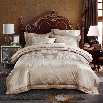 

Svetanya Luxury Golden European Satin Silk Cotton Linens Jacquard Bedding Set Queen King Size Bedsheet Duvet Cover Pillow Sham