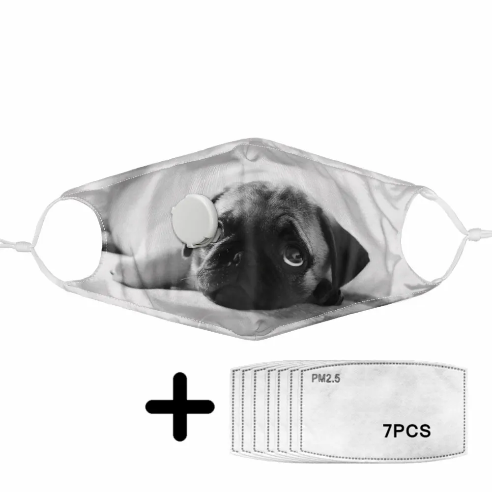 

Cute Pug Dog Pattern Anti-dust Mouth Mask Women Fashion Face Masks with PM2.5 Filter with Breather Valve Daily Protection Masque