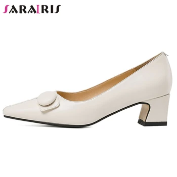 

SARAIRIS Ladies Spring Med Heels Office Pumps Brand Elegant Concise OL Pumps Women Genuine Leather Single Shoes Woman