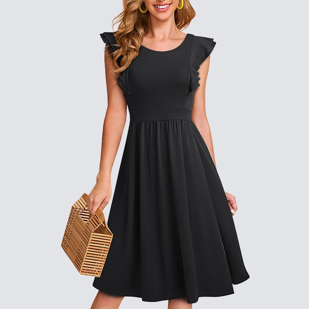 Estate Donna Elegante Tinta Unita Con Maniche A Balze Casual Party Elegante Abito Svasato Vintage 1 Ha143