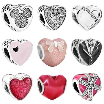 

Mickey & Minnie Bow & Lace Gifts Ribbon Of Sweet Love Heart Charm Fit Pandora Bracelet 925 Sterling Silver Bead Charm Jewelry