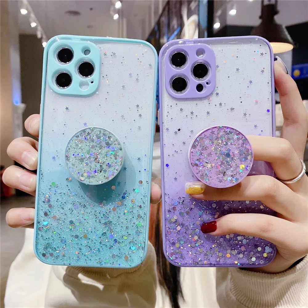 Phone Holder Glitter Silicone Case for iPhone 13 11 12 Pro Mini 7 8 6 6S Plus XR X XS Max Clear Cover Camera Protection | Мобильные