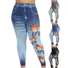 

HOT SALES Multi Pockets Imitation Jeans Leggings Stretchy Tights Butterflies Print High Waist Yoga Pants for Running
