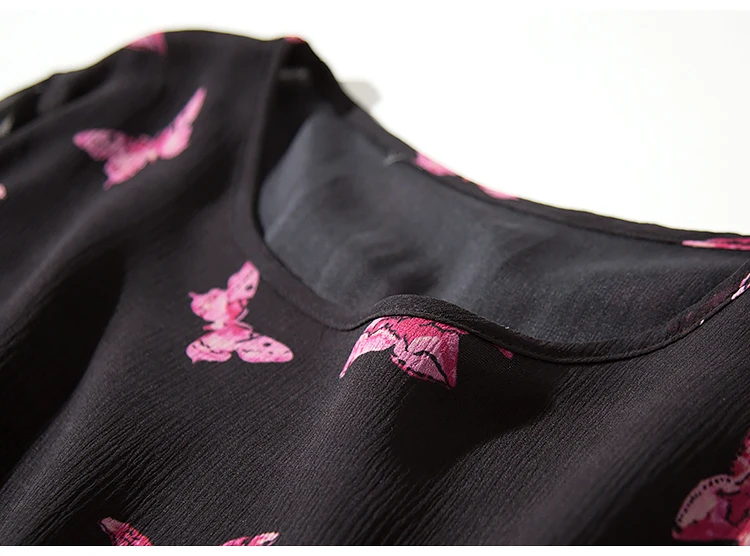 Женское платье с поясом Настоящее шелковое платье с принтом бабочки Повседневное платье для женщин осень зима новое черное платье