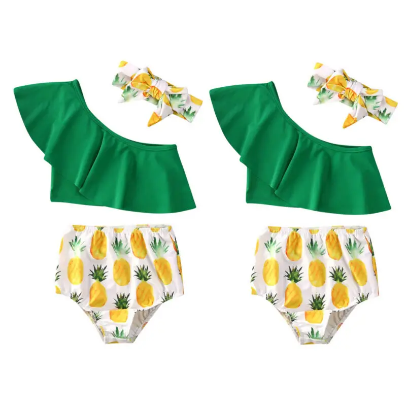

2020 Baby Kids Girls One shoulder Swimwear Children Lovely Bikini Swimsuit Pineapple Printed Ruffles Swimming Swim Bathing Suit