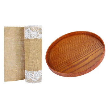 

1 Pcs Table Runner Jute Canvas Lace Table Decoration Mat & 1 Pcs Round Natural Tray Hotel Food Dishes Wood Plate Restaurant Frui