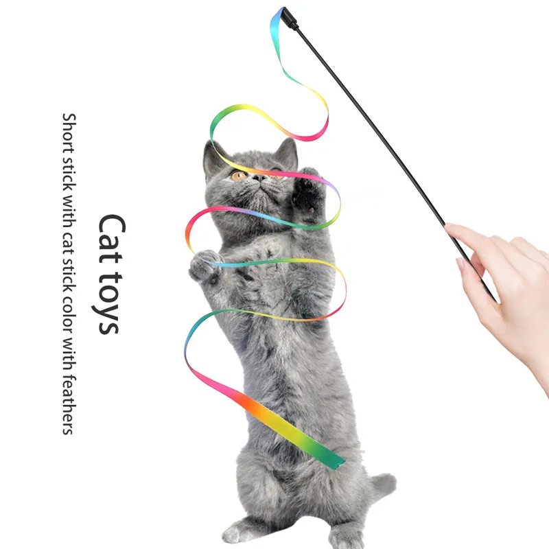 28cm Funny Cat Stick Cat Interactive Toy Double-sided Rainbow Ribbon Cat-teaser Stick Rainbow Ribbon Kitten Training Cat Supply