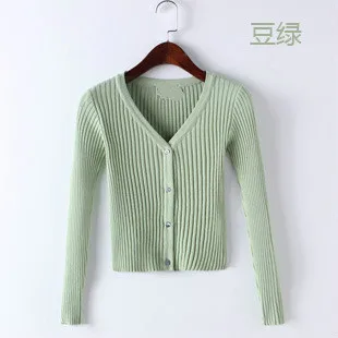 bean green cardigan Woherb осенний свитер женский укороченный Топ вязаный кардиган с длинным рукавом глубокий v-образный вырез однобортные короткие женские свитера - Цвет: bean green cardigan
