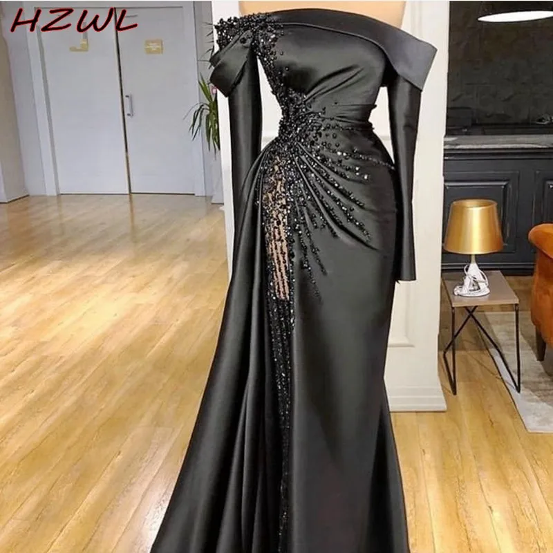 

Black Major Beading Mermaid Evening Dresses Off Shoulder Beading Dubai Arab Prom Dress Satin Formelle robes vestido fiesta