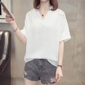 

Plus Size V Neck Chiffon Blouse Women 2020 Summer Fashion Hollow Out Lace Trim Short Sleeve Loose Korean Shirts Oversized Tops