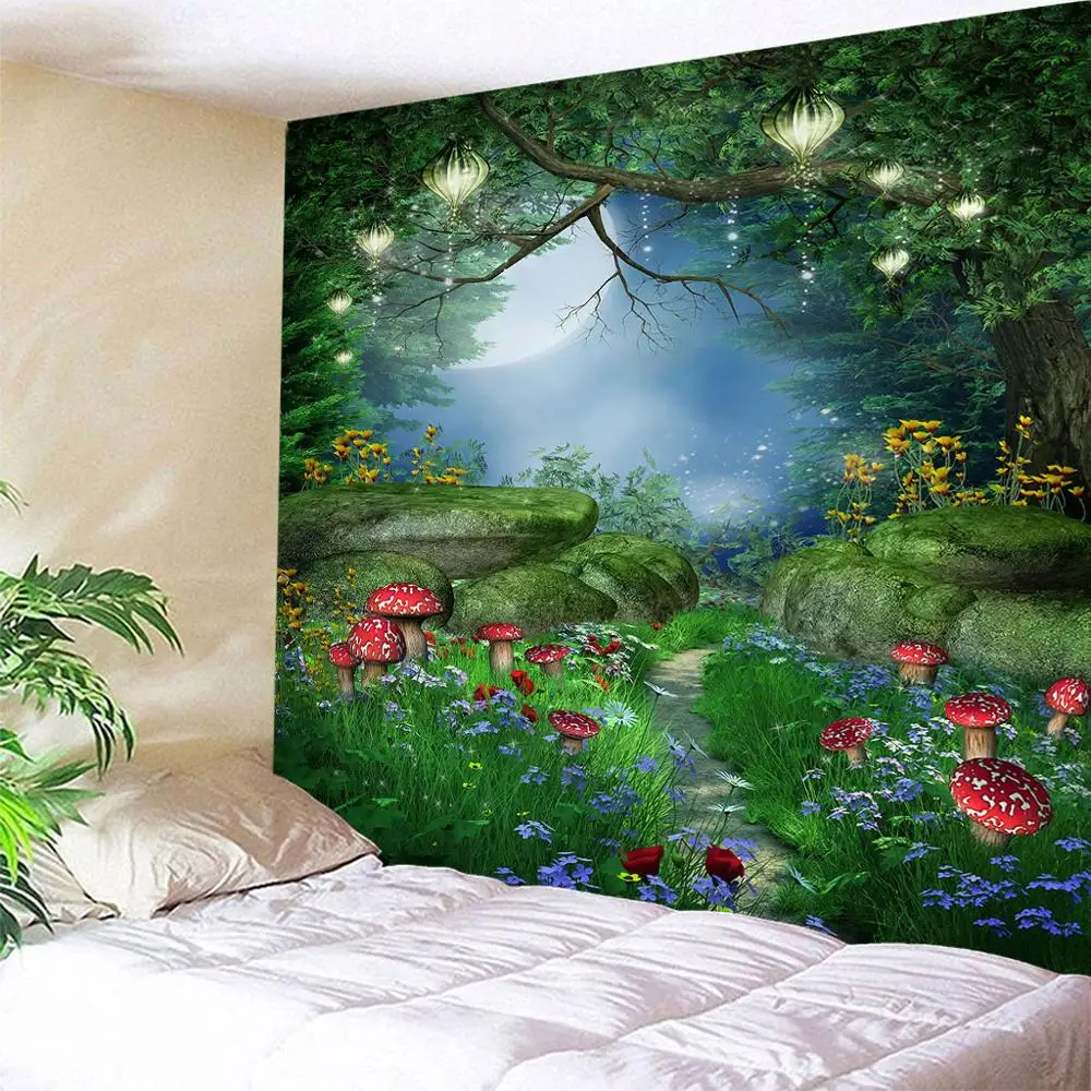 Настенный Гобелен на заказ матрас с волшебными грибами и зеленым лесом покрывало