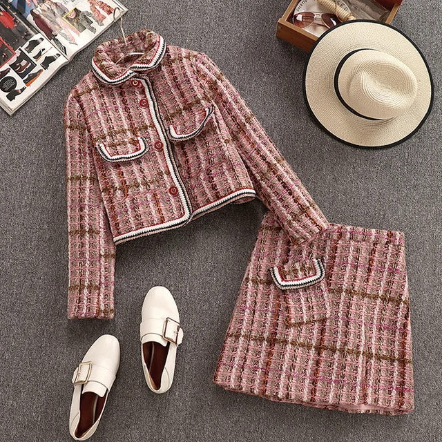 1589Tweed Vefinear, Осень-зима, сексуальные клетчатые топы и мини-платья, комплект из 2 предметов, на пуговицах, открытая облегающая юбка и свитер, комплект из двух предметов - Цвет: 1589Tweed
