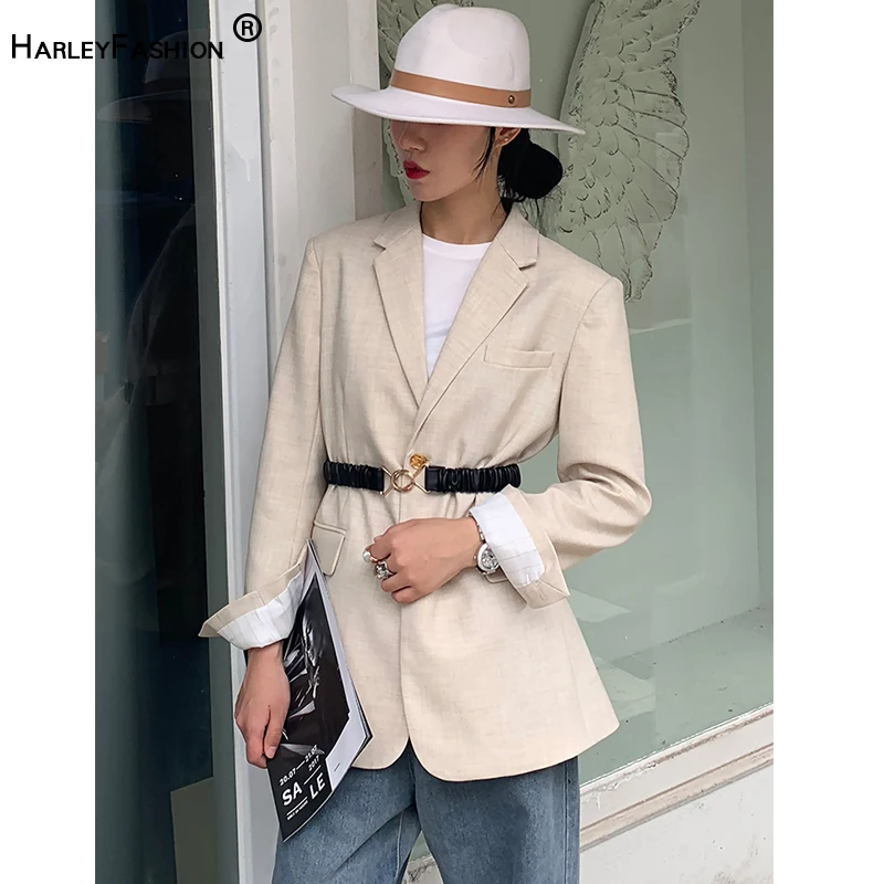 HarleyFashion элегантный женский весенний дизайн, подходит ко всему, высокий Блейзер, однотонный бежевый тонкий качественный блейзер с поясом