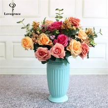 Любовь 6 голова масляной живописи Stlye розы цветок Букет шелк искусственный цветок свадебные букеты Свадебные цветы Свадебный держатель для букетов