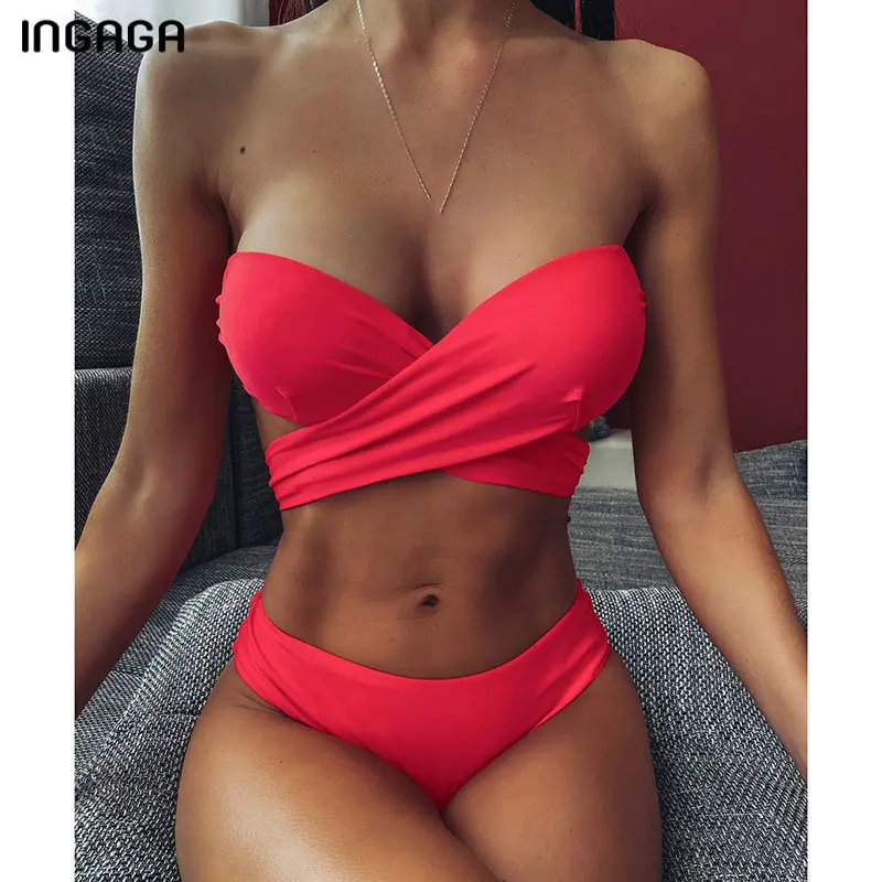 

INGAGA Cross Bandage Bikinis Sexy Bandeau Swimwear Women Solid High Cut Biquini Red Bow Swimsuits 2020 New Summer Bathing Suit