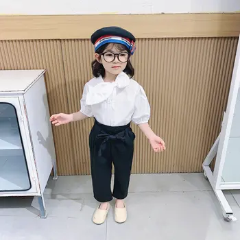 

2PCS WLG Girls Fashion Clothing Set Kids Spring White Bow Shirt and Black Pant Set Baby Girl All Match Cltohes for 2-6 Years