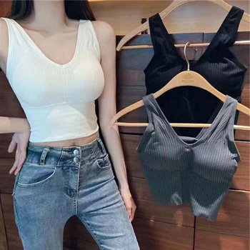 

Sexy Backless Cotton Crop Top Sleeveless Push Up Tank Top Intimate Cropped Camisole Ladies Camis V-Neck Padded Camis Crops