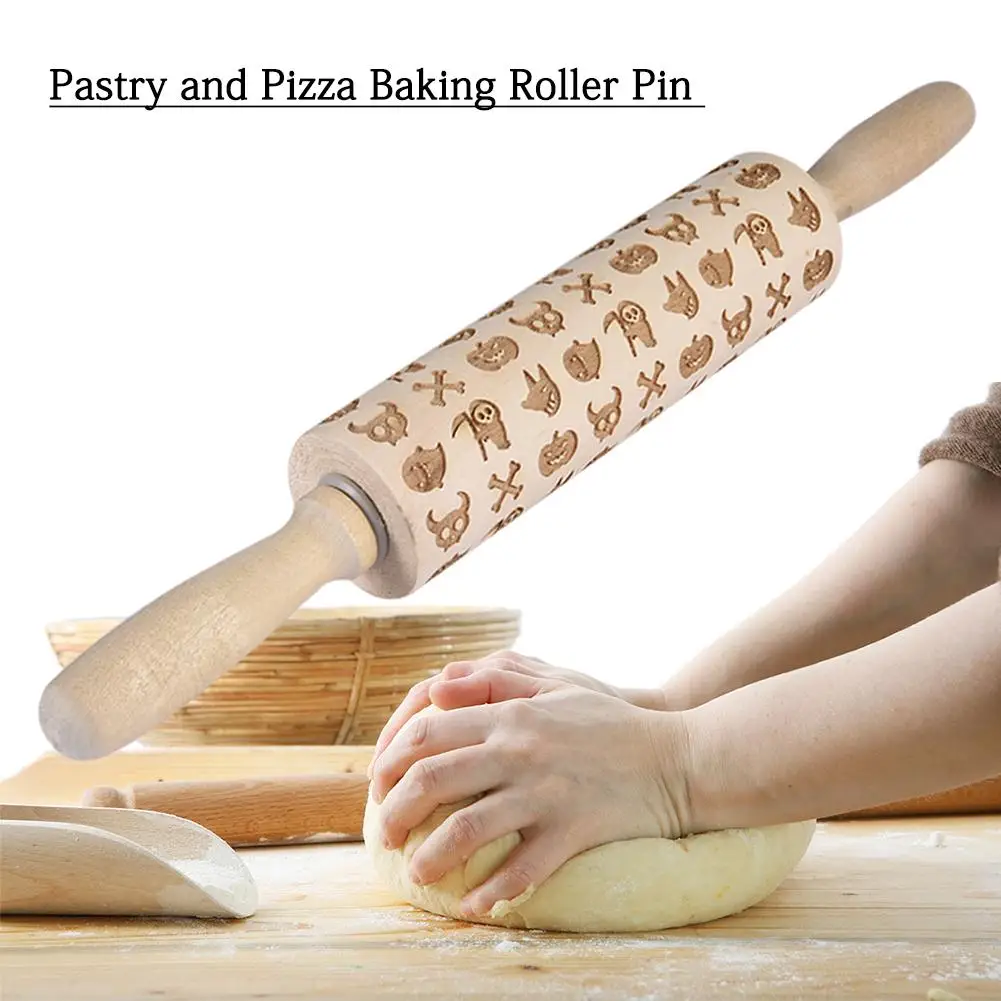 

35*5cm Halloween Embossing Rolling Pin Baking Cookies Noodle Biscuit Fondant Cake Dough Engraved Roller Mini Pumpkin Bat Printed