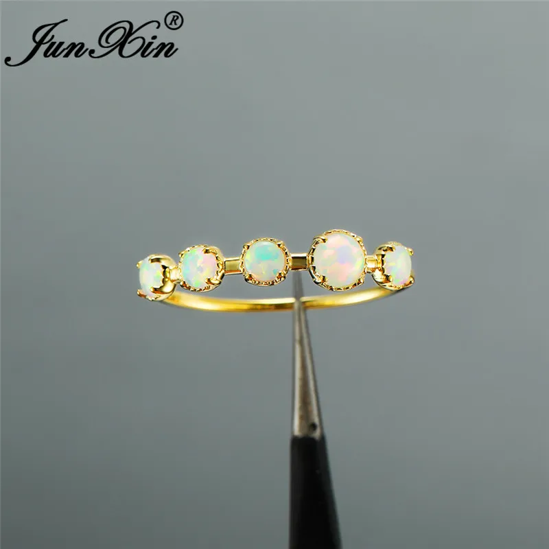 Real 925 Sterling Silver Ring Single Row Round White Fire Opal Rings For Women Yellow Gold Wedding Bands Stacking Thin Ring Band
