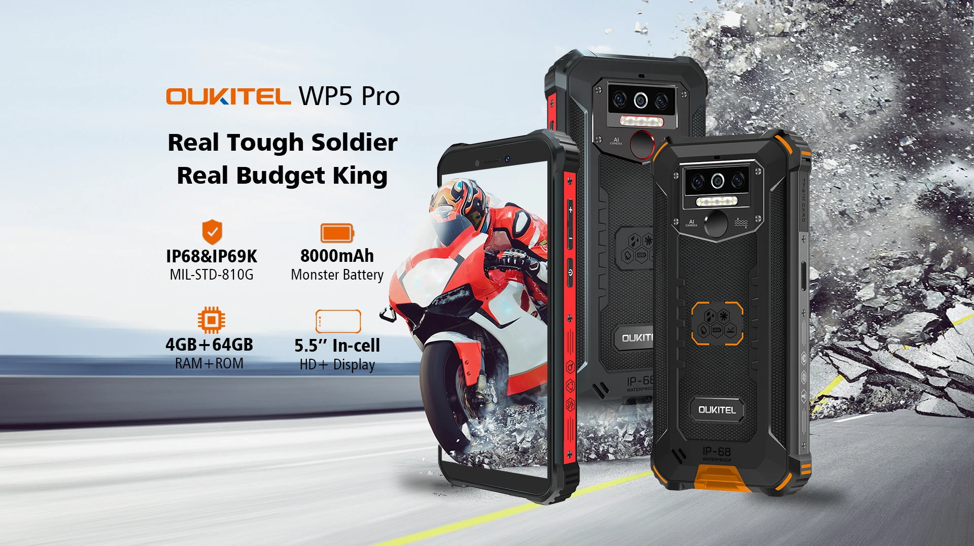 OUKITEL WP5 Pro IP68 Waterproof Smartphone 4GB RAM +64GB ROM 8000mAh Android 10 13MP Triple Camera  5.5 inches  Mobile Phone cheap gaming cell phone