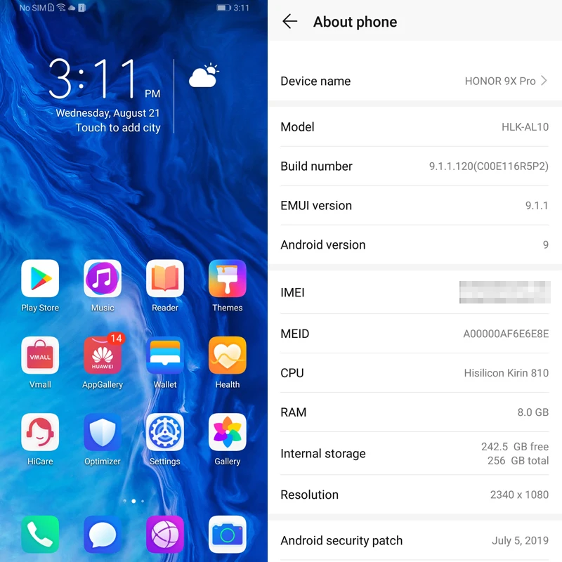Google Play Honor 9X Pro, 8 ГБ ОЗУ, 256 Гб ПЗУ, Восьмиядерный процессор Kirin 810, 4000 мА/ч, LiquidCool, задний, 48 МП, всплывающий, передний, 16 Мп, 6,59 дюйма